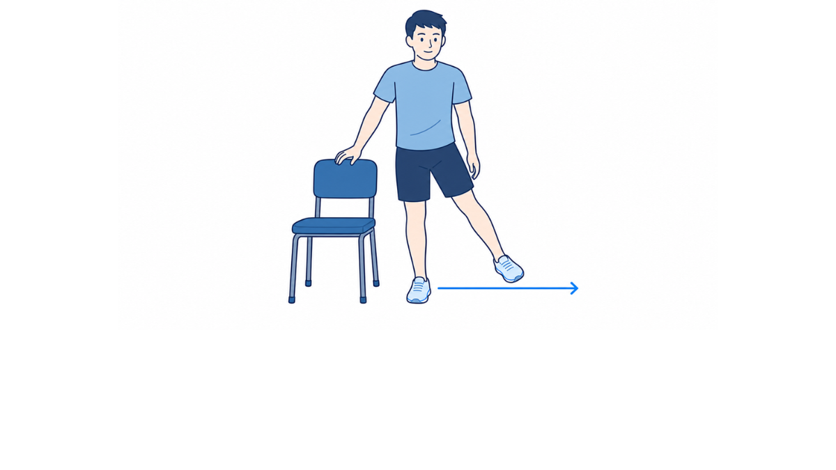 立位で片足を横へ滑らせる運動のイラスト(文字なし)|椅子に手を置き、片足を真横へゆっくり滑らせる運動のイラストです