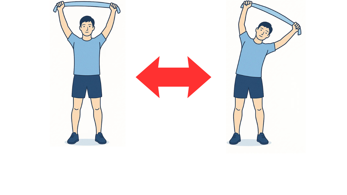 タオルを使用した体幹の左側屈のイラスト(文字なし)|タオルを両手で持って体を左側に倒す体幹側屈ストレッチです
