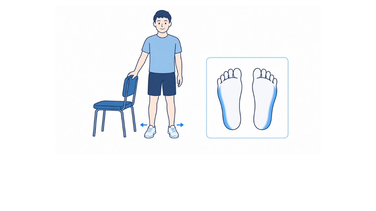 足の外側への荷重練習のイラスト(文字なし)|椅子に手を置き、足の外側へ体重をかけて保つ練習のイラストです