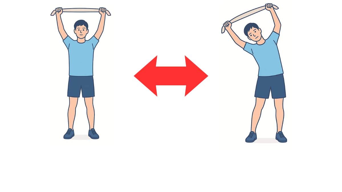 タオルを使用した体幹の右側屈のイラスト(文字なし)|タオルを両手で持って体を右側に倒す体幹側屈ストレッチです