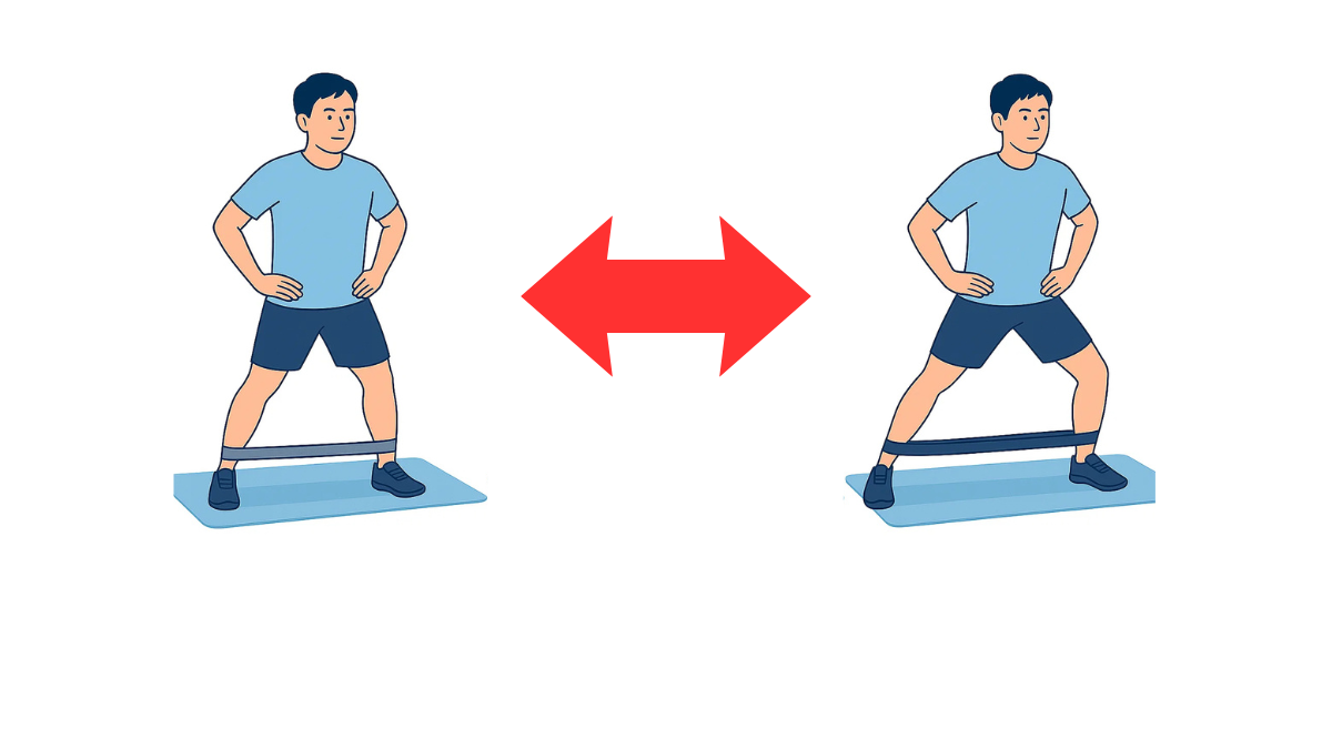 ゴムチューブを使ったステップ運動-左のイラスト(文字なし)|ゴムチューブを足首に巻いて左方向にステップする運動です