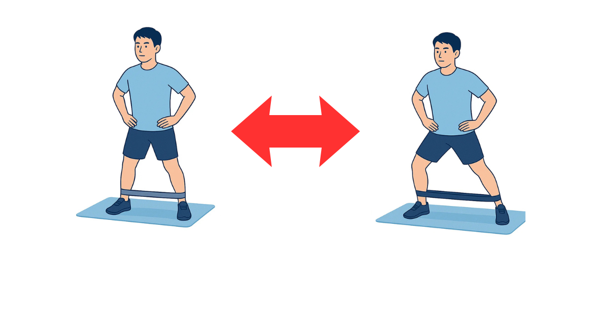 ゴムチューブを使ったステップ運動-右のイラスト(文字なし)|ゴムチューブを足首に巻いて右方向にステップする運動です