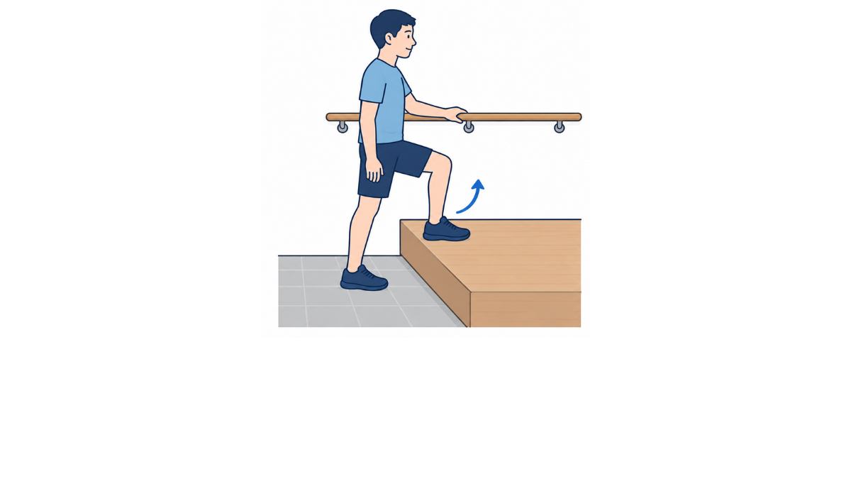 手すりを使った段差昇りのイラスト(文字なし)|手すりを利用して段差を昇る動作を示すイラストです