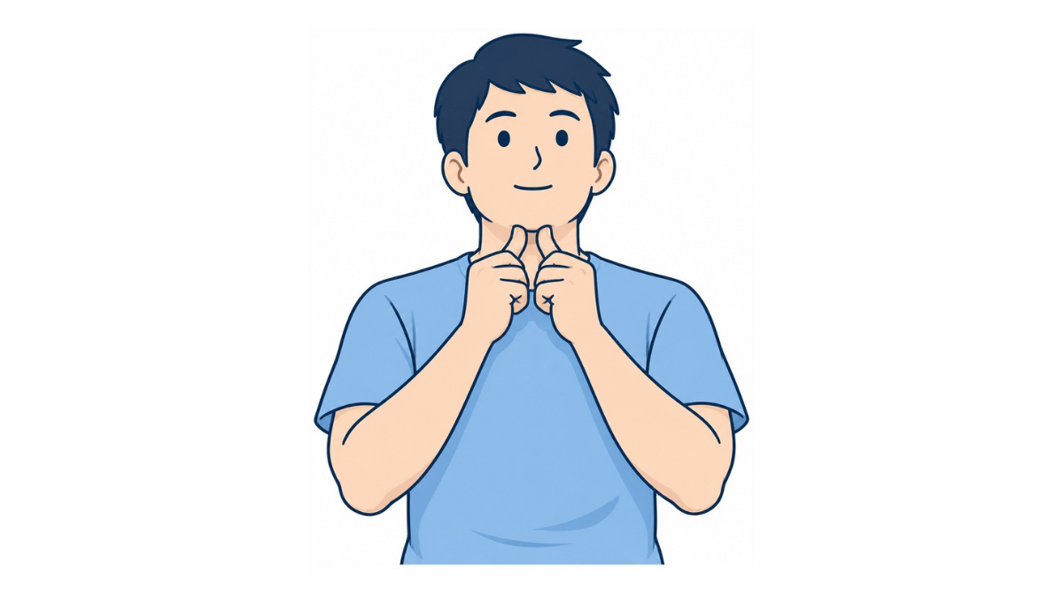 唾液腺マッサージ(舌下腺)のイラスト(文字なし)|両手の親指をあごの真下にそろえて当てる唾液腺マッサージの図です