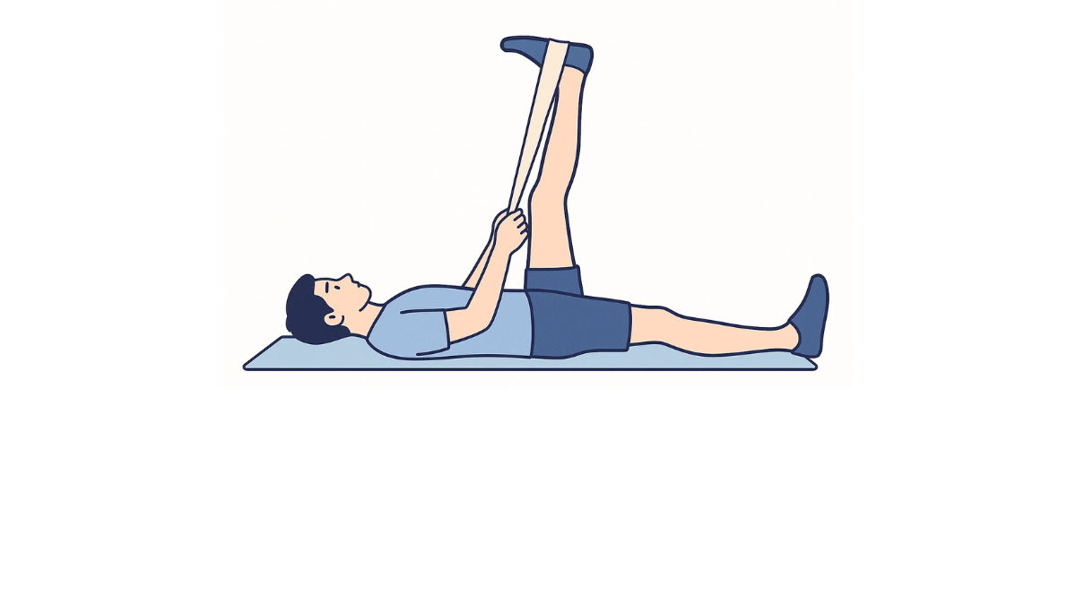 臥位で下腿後面のストレッチのイラスト(文字なし)