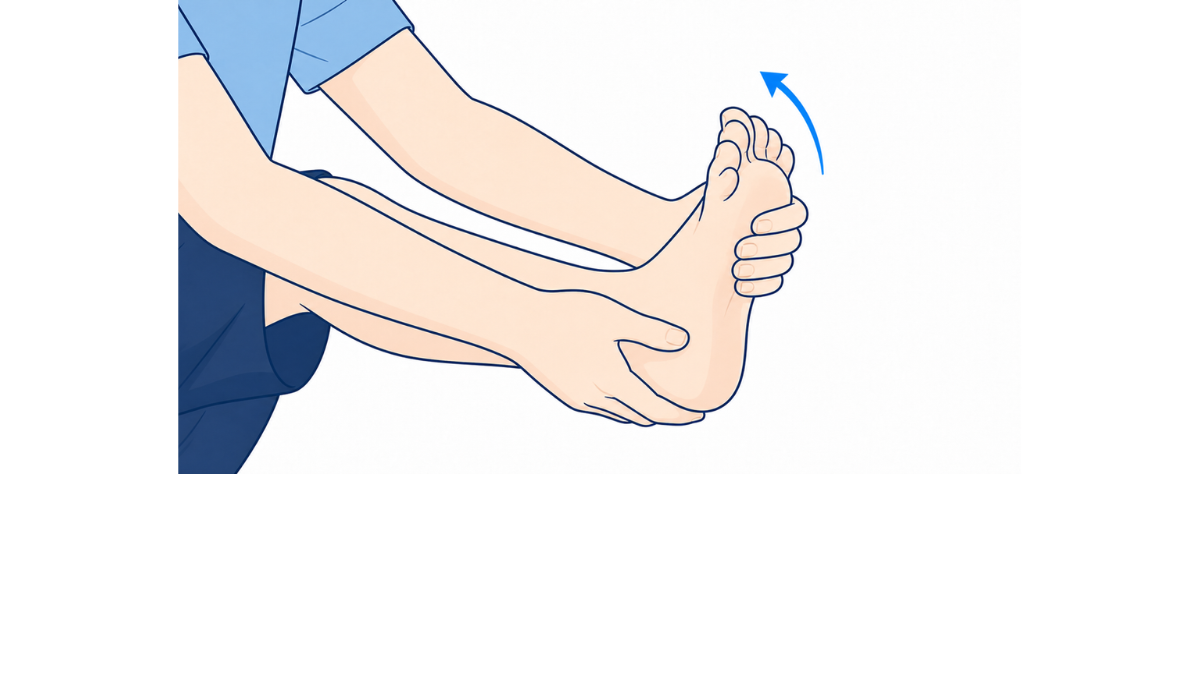 足の指を反らせる足底のストレッチのイラスト(文字なし)|足の指を手で持ち、甲側へゆっくり反らせるストレッチのイラストです