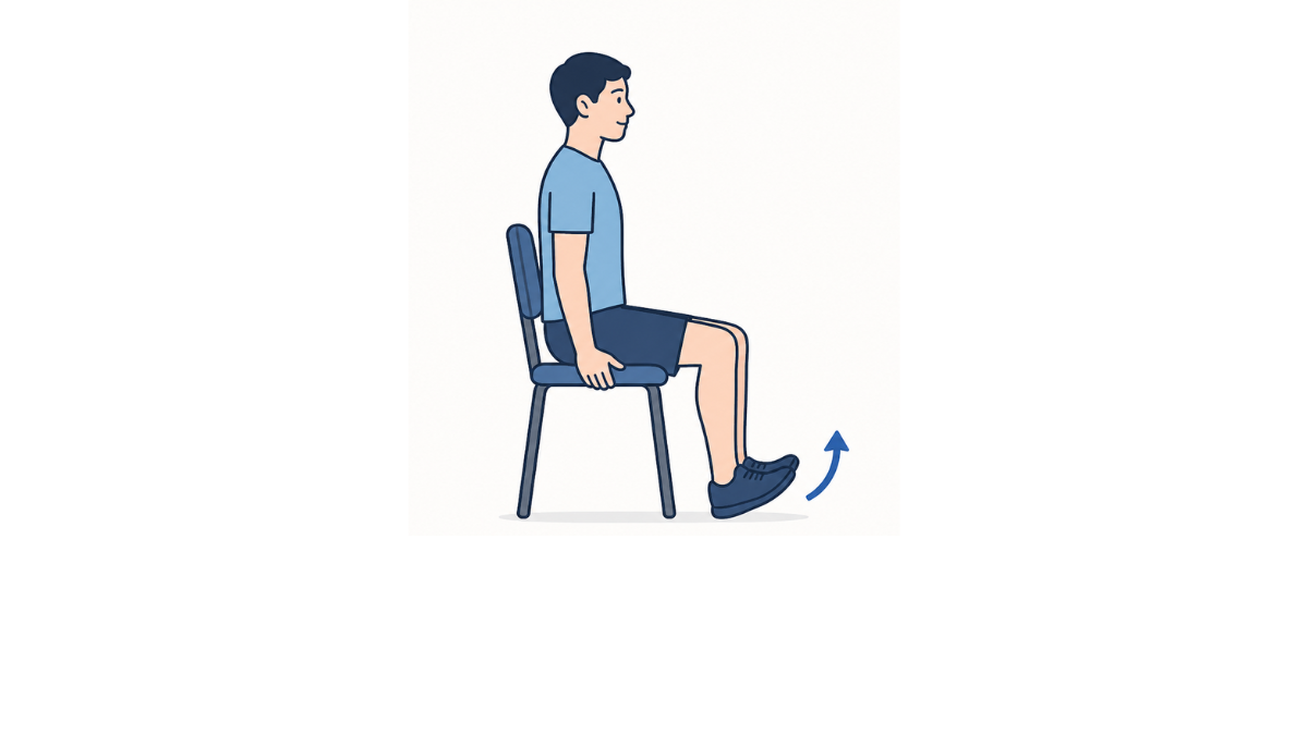 座位つま先上げのイラスト(文字なし)|椅子に座ってかかとを床につけたまま、つま先をしっかり上げる運動です