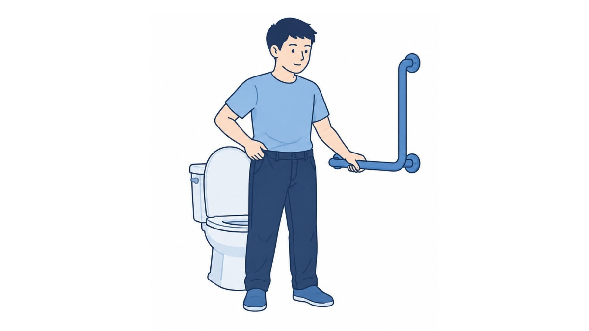 手すりを使った衣服の上げ下げのイラスト(文字なし)|トイレの横で手すりを持ち、衣服を整える排泄動作の場面です