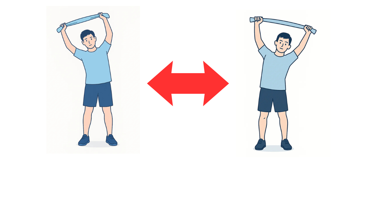 タオルを使用して体幹の側屈のイラスト(文字なし)|タオルを両手で頭上に持ち上げた状態で体幹を左右に倒す側屈ストレッチです