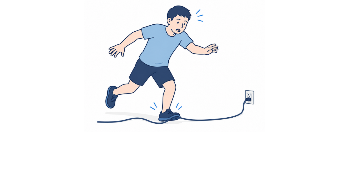 コードによる転倒のイラスト(文字なし)|床に這わせた電気コードにつまずいて転倒しそうになる様子を示したイラストです