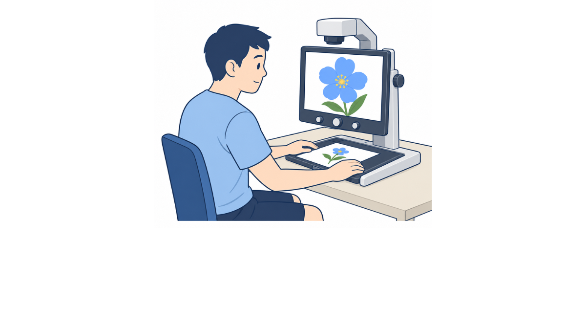 拡大読書器の使い方のイラスト(文字なし)|拡大読書器の使い方を説明する福祉用具・自助具のイラストです