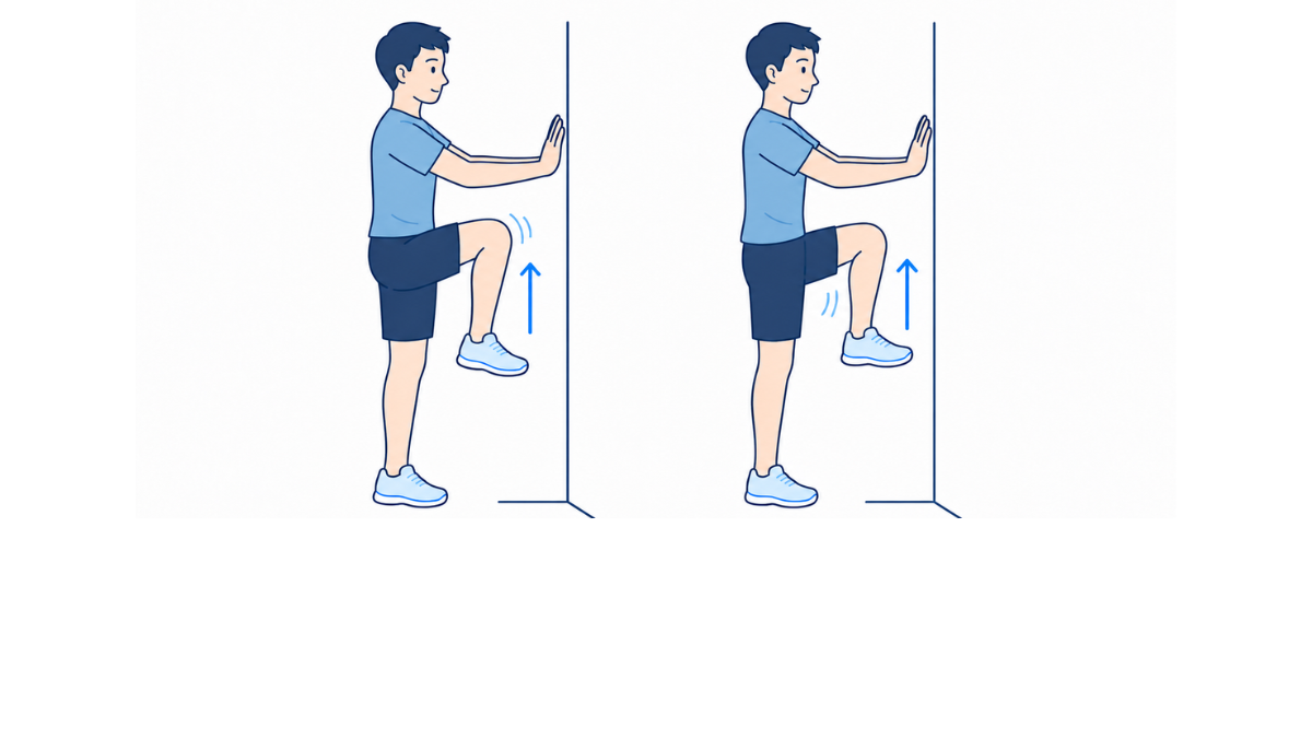 壁につかまってのもも上げのイラスト(文字なし)|壁に手をつき、左右の膝を交互に高く上げる運動のイラストです
