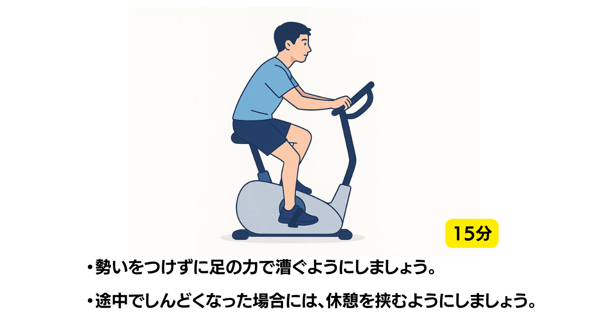 エアロバイクのイラスト(説明文つき)|仰臥位で自転車を漕ぐように両脚を動かす有酸素運動です