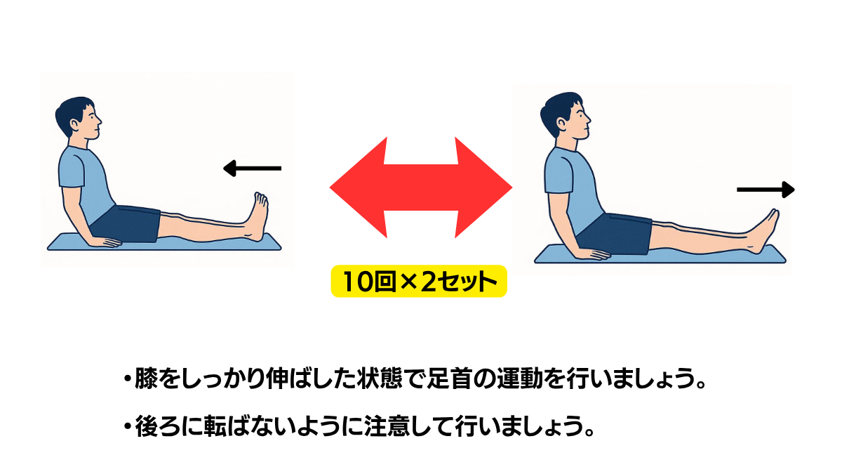足関節の底屈・背屈のイラスト(説明文つき)|足首を上下に動かす運動で、前脛骨筋と下腿三頭筋を交互に収縮させます