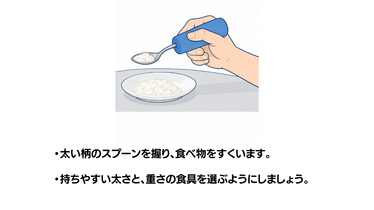 太柄スプーン・フォークの使い方のイラスト(説明文つき)|太柄スプーン・フォークの使い方を説明する福祉用具・自助具のイラストです