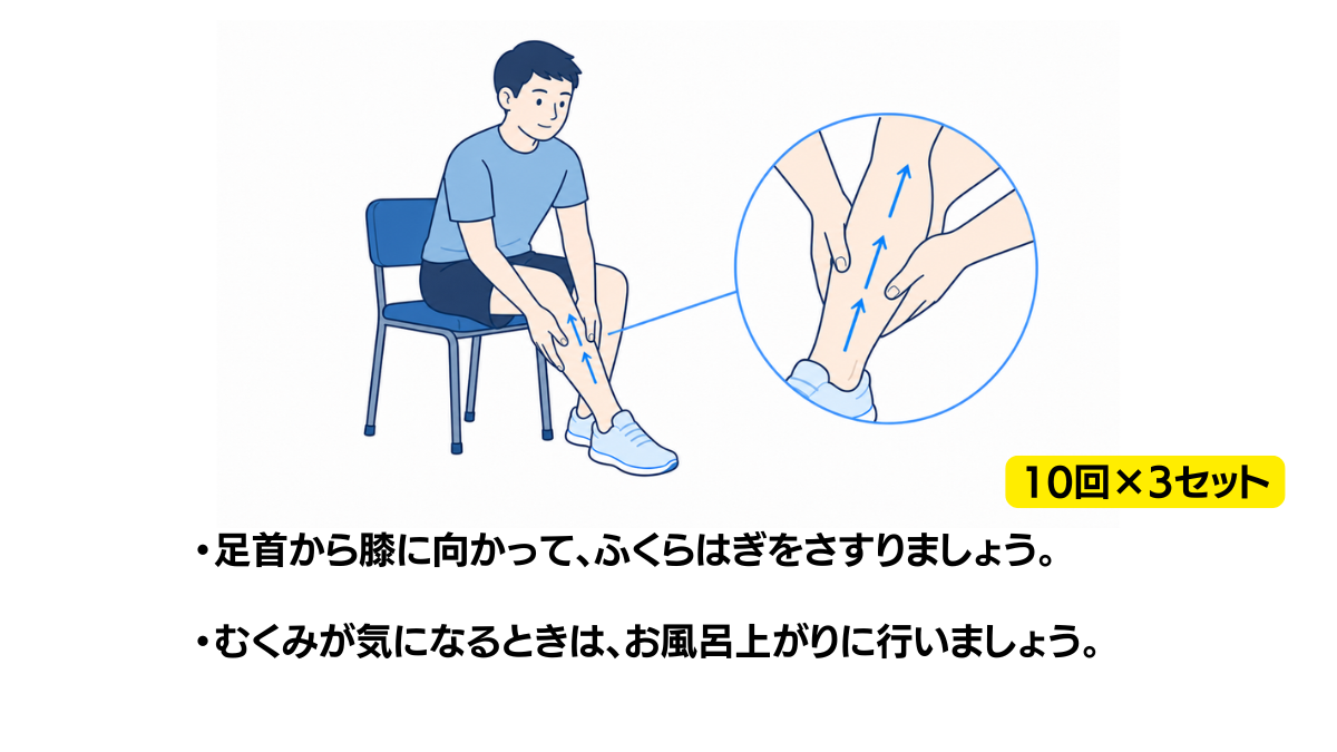 ふくらはぎのさすり上げ(むくみ対策)のイラスト(説明文つき)|椅子に座り、足首から膝に向かってふくらはぎをさする方法のイラストです
