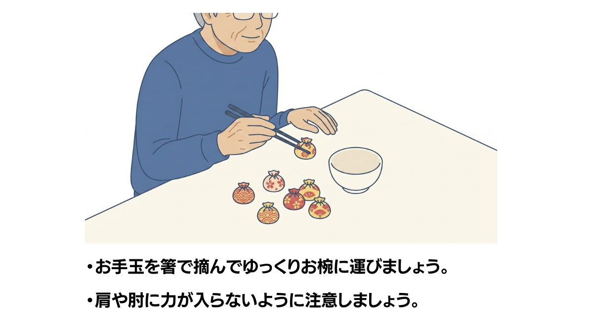 お手玉を使った箸練習のイラスト(説明文つき)