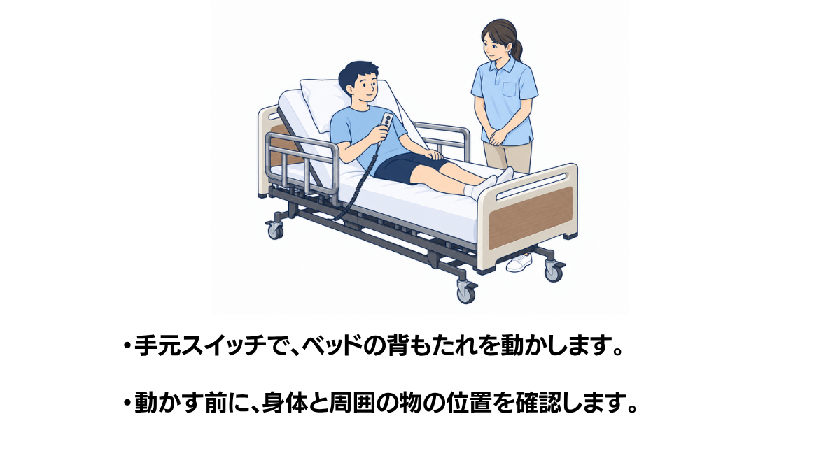 電動介護ベッドの使い方のイラスト(説明文つき)|電動介護ベッドの使い方を説明する福祉用具・自助具のイラストです