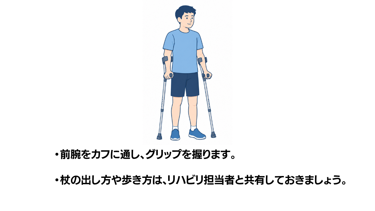 ロフストランドクラッチの使い方のイラスト(説明文つき)|ロフストランドクラッチの使い方を説明する福祉用具・自助具のイラストです