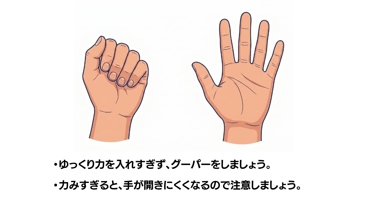 グーとパー(左手)のイラスト(説明文つき)|左手でグーとパーを繰り返す手指の開閉運動です