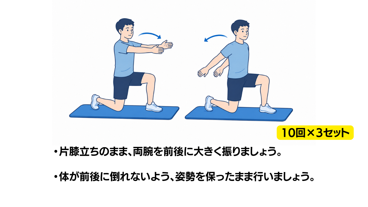 片膝立ちで両手を前後に振る運動のイラスト(説明文つき)|片膝立ちの姿勢のまま、両腕を前後に大きく振る運動のイラストです