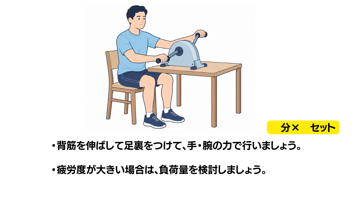 ハンドエルゴメーターのイラスト(説明文つき)|椅子に座って、卓上の上肢用エルゴメーターのハンドルを両手で回す場面です