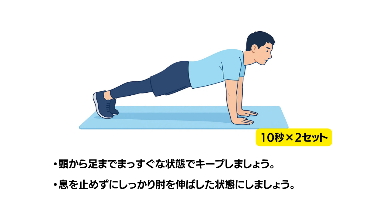 手をついてプランクのイラスト(説明文つき)|手を床について体を一直線に保つプランク運動です