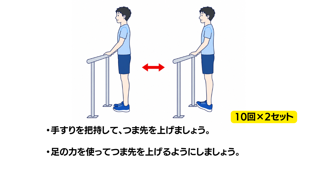 手すりを使ったつま先上げのイラスト(説明文つき)|手すりにつかまって両足のつま先を上げる運動です