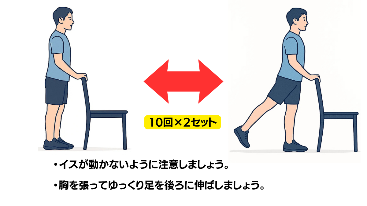 立位で股関節伸展運動のイラスト(説明文つき)|立位で脚を後方に蹴り上げる股関節伸展運動です