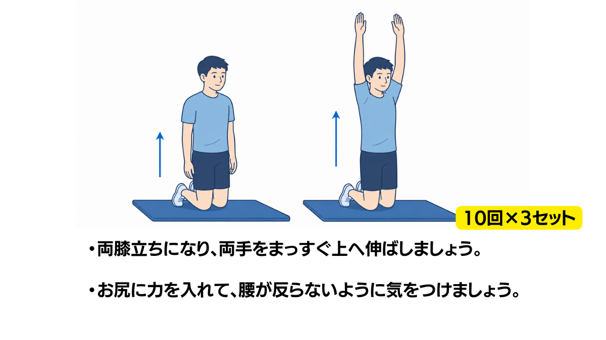 両膝立ちでのバンザイ(お尻に力を入れる)のイラスト(説明文つき)|両膝立ちになり、両手をまっすぐ上へ伸ばす運動のイラストです