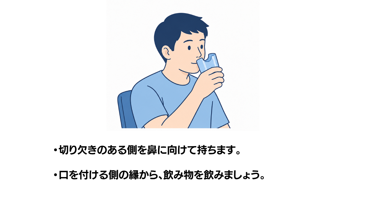 切り欠き付きコップの使い方のイラスト(説明文つき)|切り欠き付きコップの使い方を説明する福祉用具・自助具のイラストです