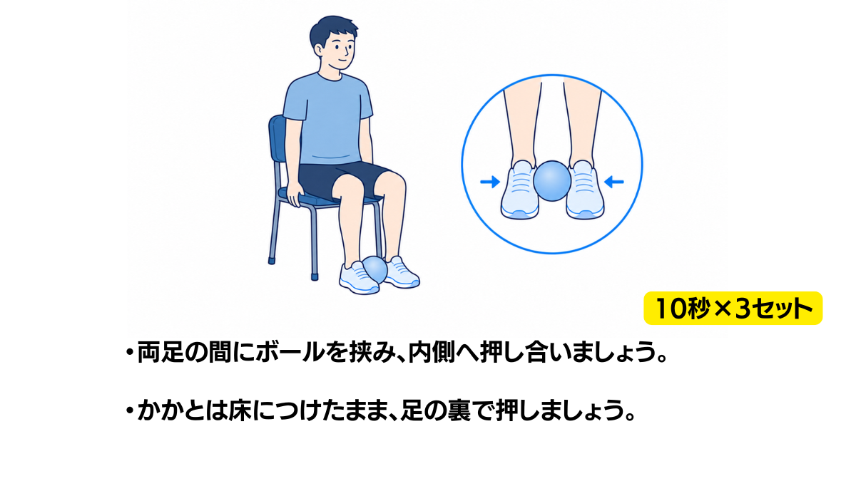 座位で両足にボールを挟む運動(股関節の内転)のイラスト(説明文つき)|椅子に座り、両足の間に挟んだボールを内側へ押し合う運動のイラストです