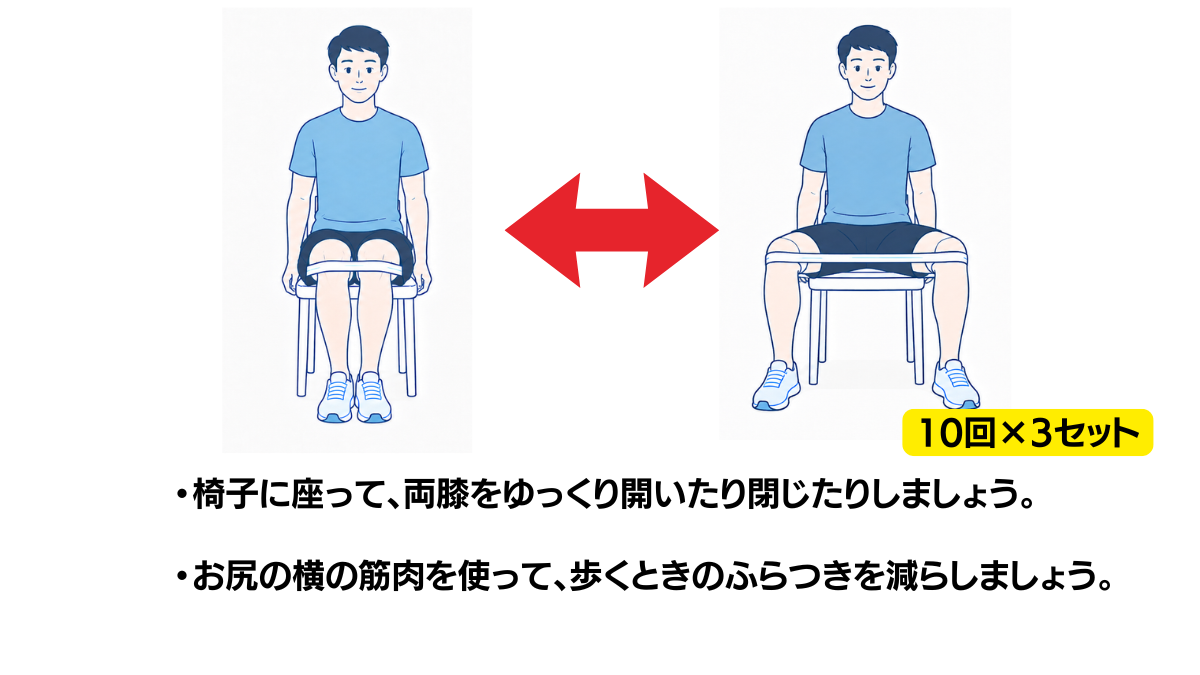 座位での股関節の開閉のイラスト(説明文つき)|椅子に座って両膝をゆっくり開いたり閉じたりする運動のイラストです
