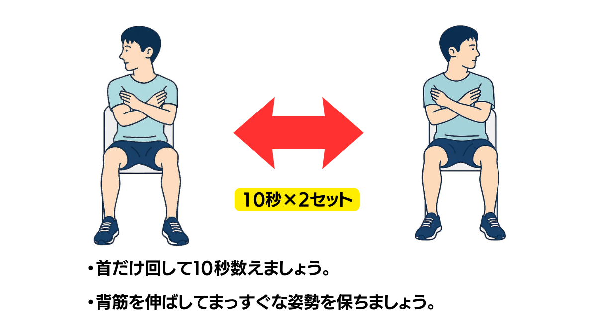 頚部の回旋のイラスト(説明文つき)|座位で首を左右に回旋させるストレッチです