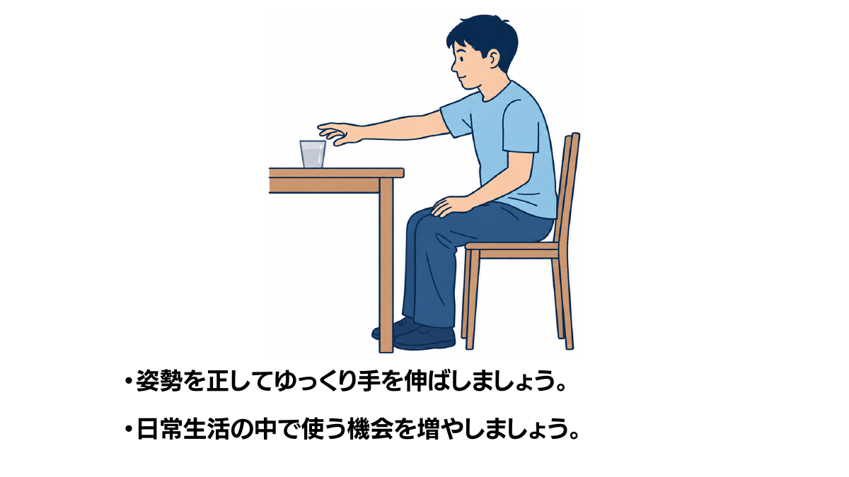 座位でのリーチ動作のイラスト(説明文つき)|椅子に座った姿勢でテーブル上の物に手を伸ばすリーチ動作の訓練です