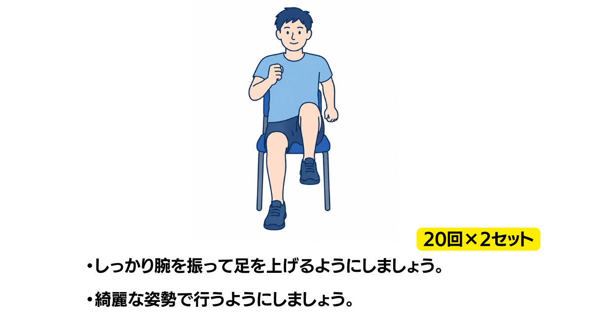 座位足踏み・腕振りのイラスト(説明文つき)|椅子に座り、腕を振りながらリズミカルに足踏みをする全身運動です