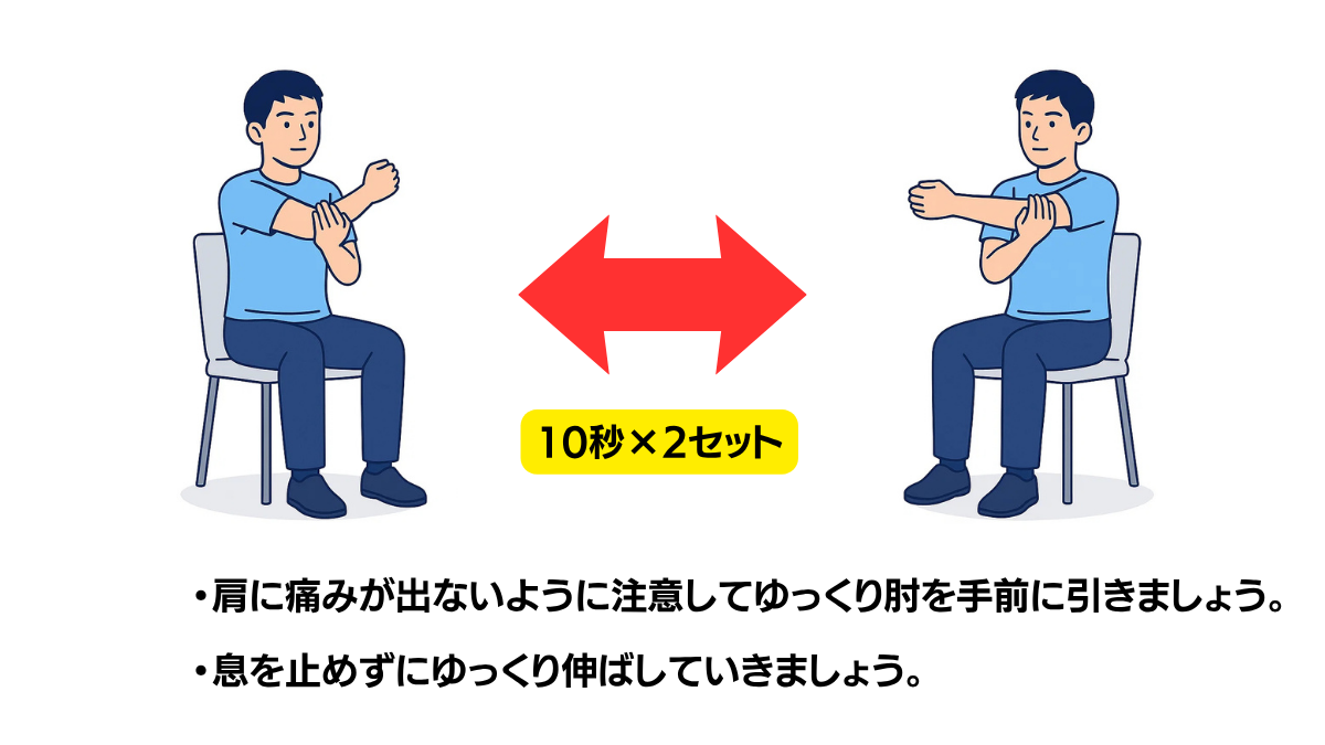 肩甲骨外転ストレッチのイラスト(説明文つき)|腕を反対側の肩に向けて引き寄せる肩甲骨外転方向のストレッチです
