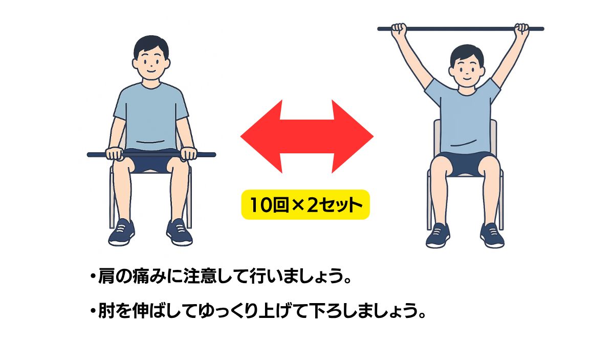 棒を使用した肩関節屈曲のイラスト(説明文つき)|棒を両手で持って肩を上げる運動です
