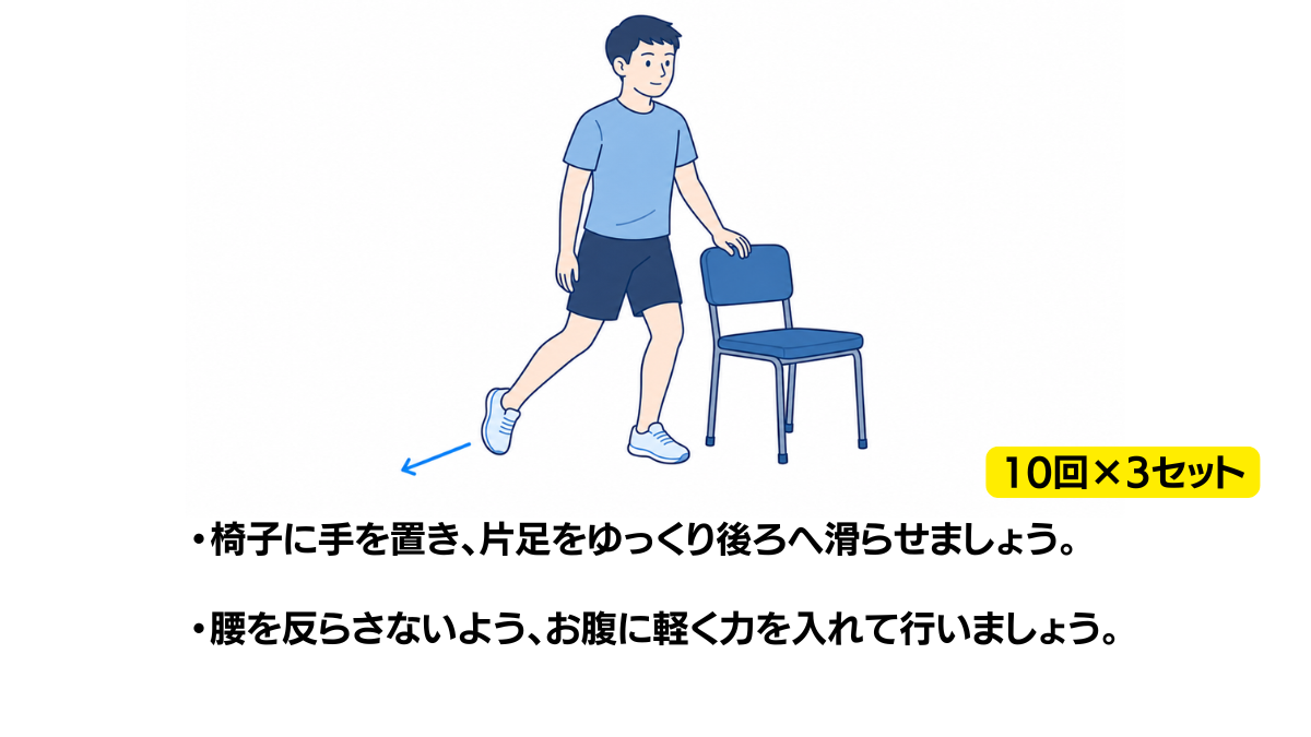 立位で片足を後ろへ滑らせる運動のイラスト(説明文つき)|椅子に手を置き、片足をゆっくり後ろへ滑らせる運動のイラストです