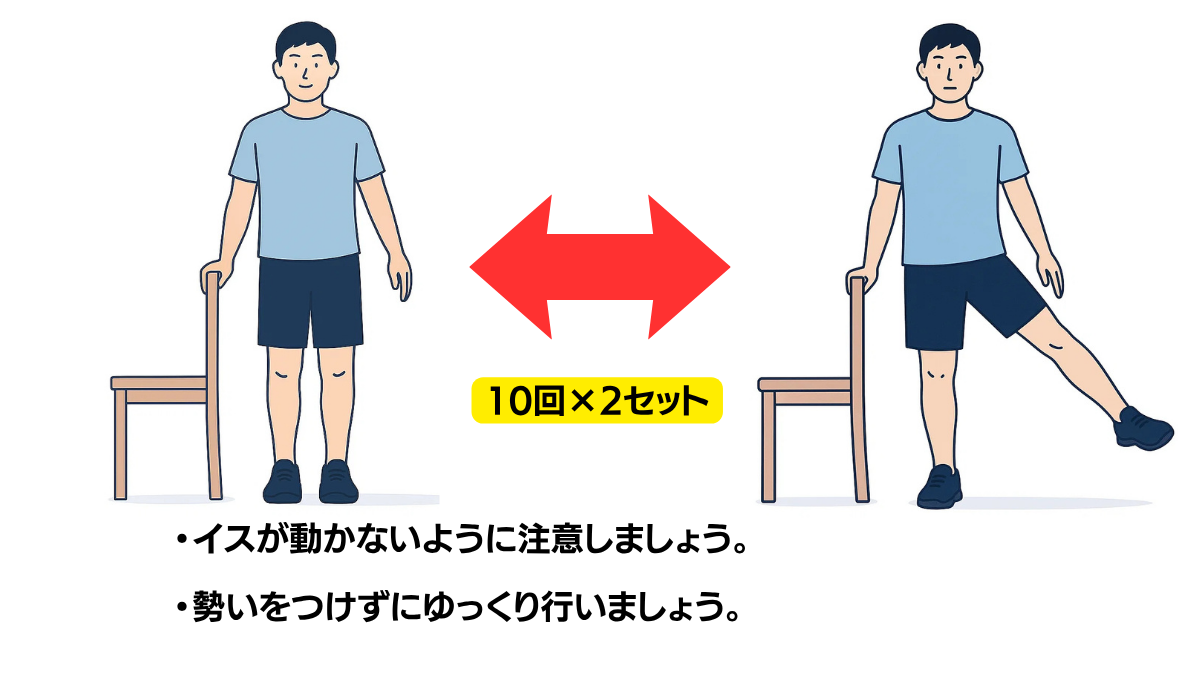 立位で股関節外転運動のイラスト(説明文つき)|立位で脚を横に開く股関節外転運動です