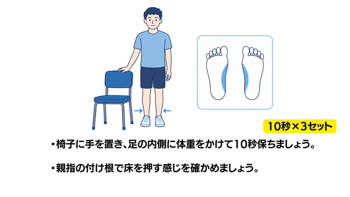 足の内側への荷重練習のイラスト(説明文つき)|椅子に手を置き、足の内側へ体重をかけて保つ練習のイラストです