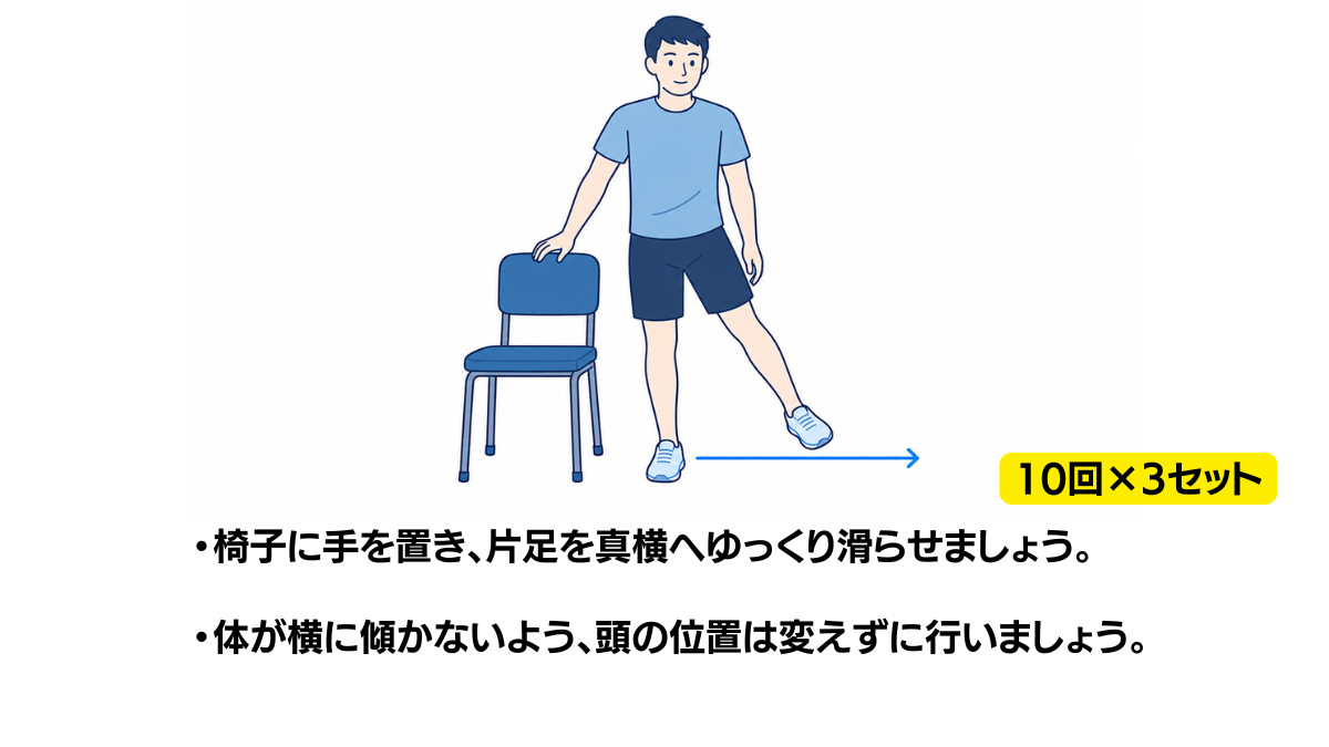 立位で片足を横へ滑らせる運動のイラスト(説明文つき)|椅子に手を置き、片足を真横へゆっくり滑らせる運動のイラストです