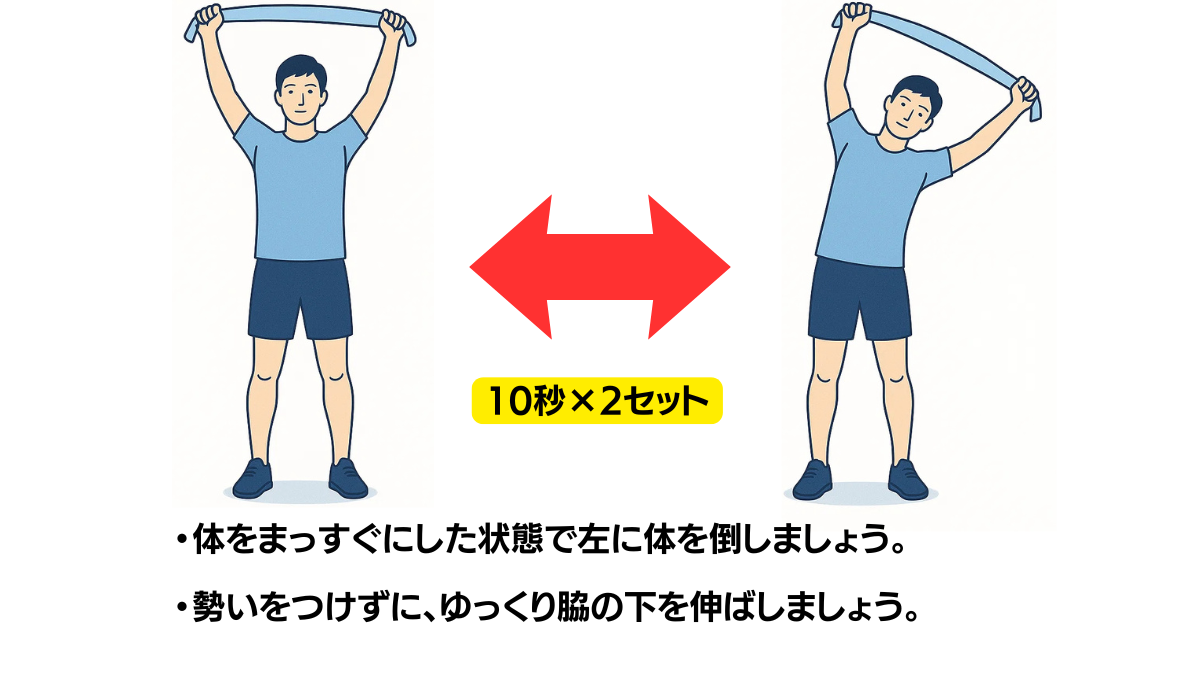 タオルを使用した体幹の左側屈のイラスト(説明文つき)|タオルを両手で持って体を左側に倒す体幹側屈ストレッチです