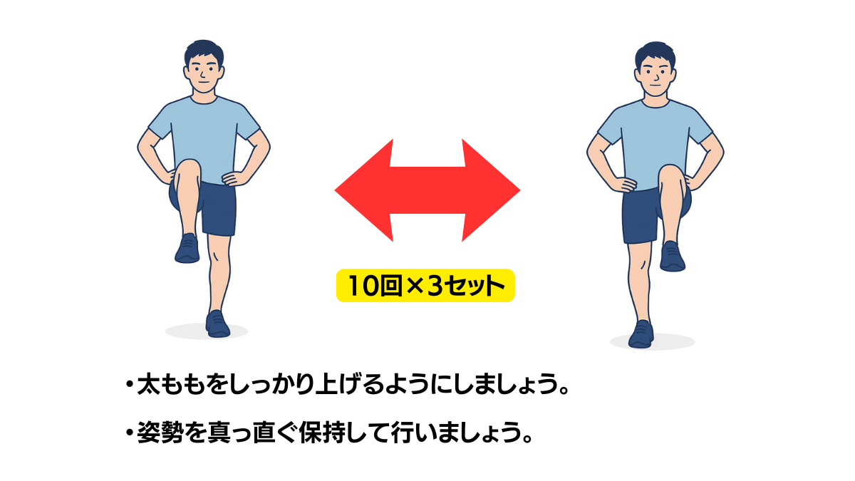 立位でレッグレイズのイラスト(説明文つき)|立位で脚を前方に上げるレッグレイズ運動です