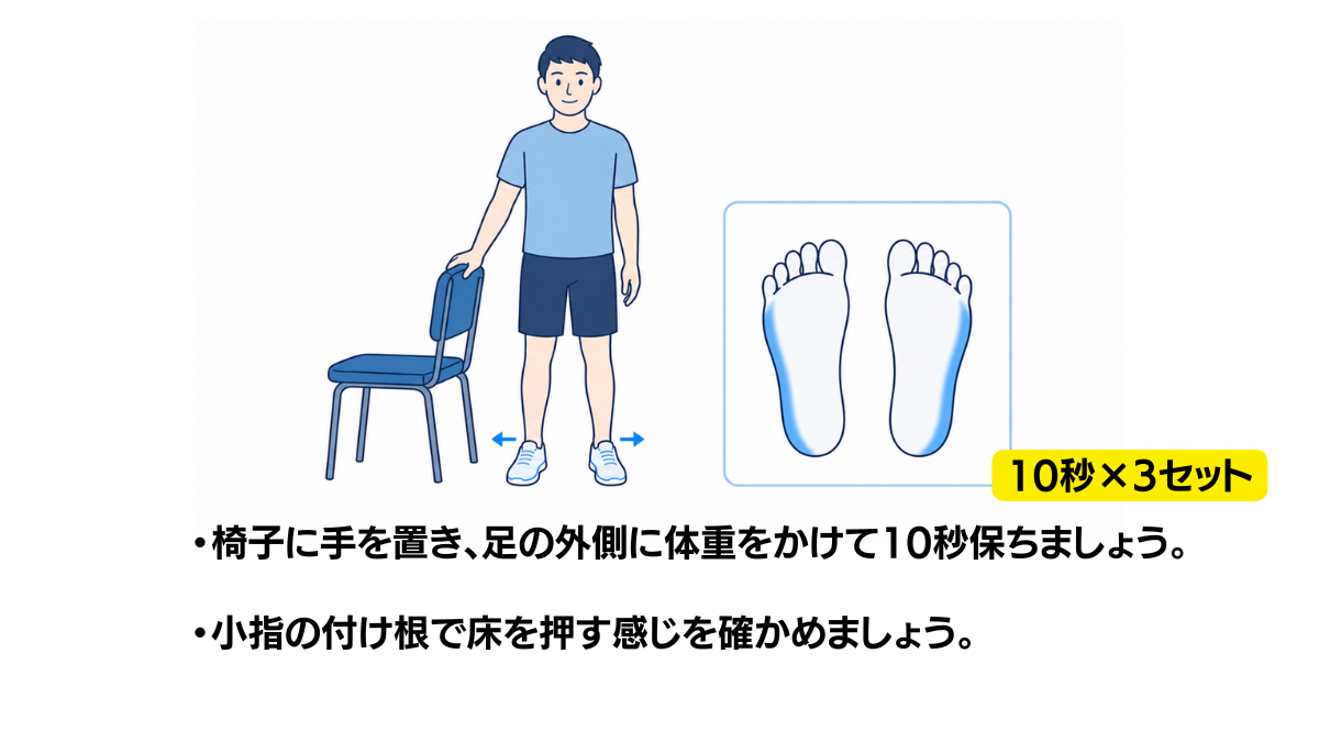 足の外側への荷重練習のイラスト(説明文つき)|椅子に手を置き、足の外側へ体重をかけて保つ練習のイラストです