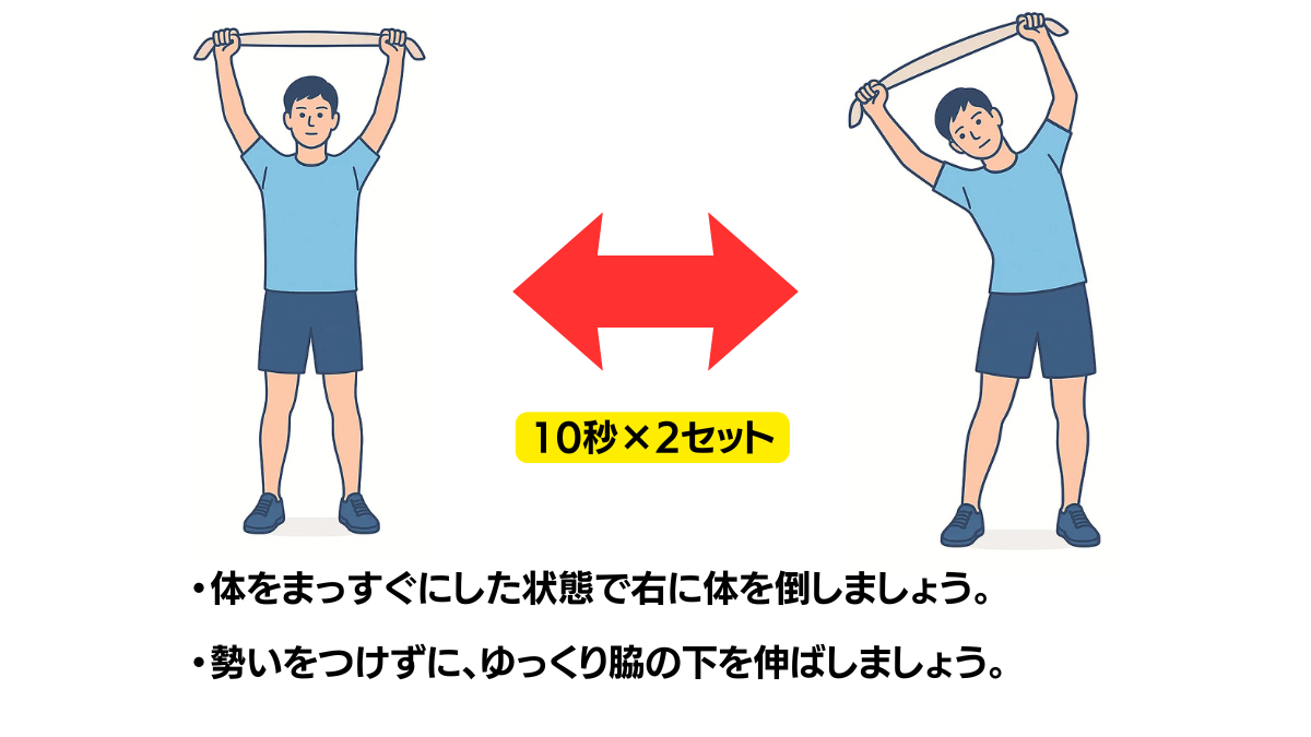 タオルを使用した体幹の右側屈のイラスト(説明文つき)|タオルを両手で持って体を右側に倒す体幹側屈ストレッチです