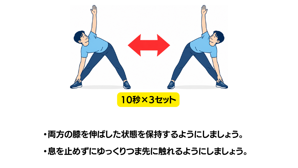 立位で体幹の回旋のイラスト(説明文つき)|立位で体幹を左右に回旋させるストレッチです