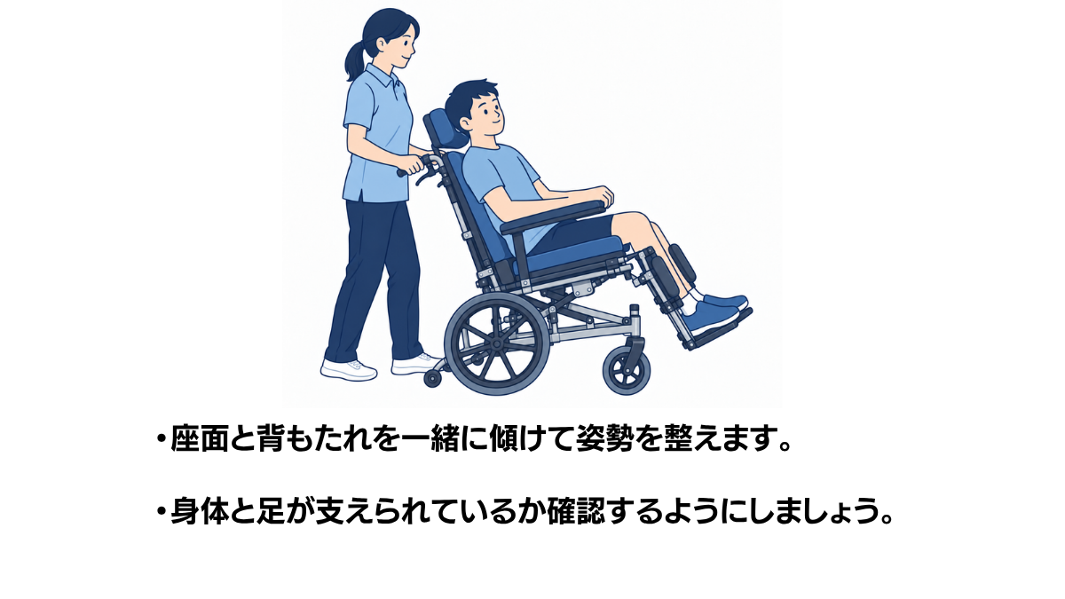 ティルト式車いすの使い方のイラスト(説明文つき)|ティルト式車いすの使い方を説明する福祉用具・自助具のイラストです