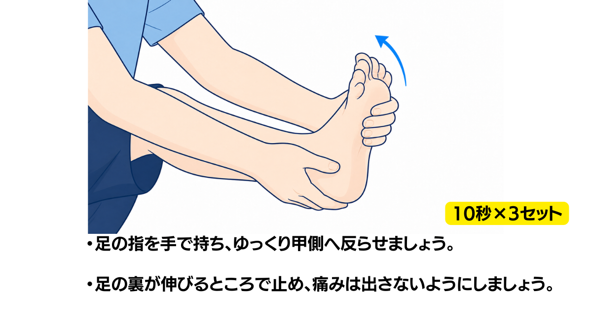 足の指を反らせる足底のストレッチのイラスト(説明文つき)|足の指を手で持ち、甲側へゆっくり反らせるストレッチのイラストです