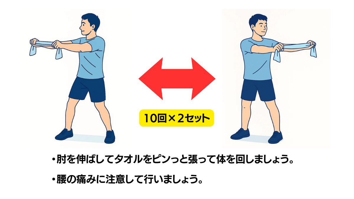 タオルを使用して体幹の回旋のイラスト(説明文つき)|タオルを両手で持って立位で体幹を回旋させるストレッチです